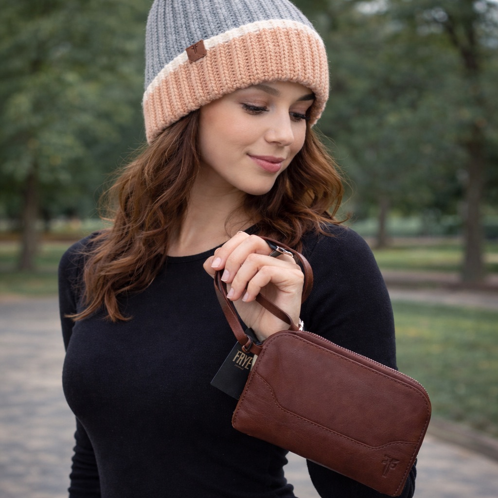 Frye Color Block Beanie Hat Sz.66-68 And Leather Wristlet Set Dust Pink Brown